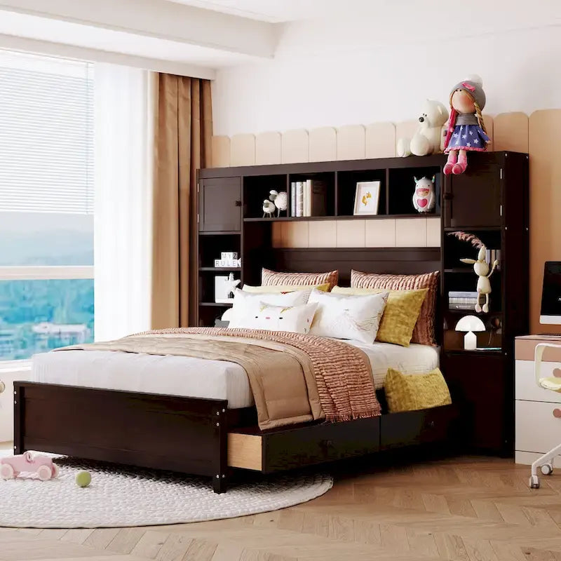 Full Size Wooden Bed With All-in-One Cabinet and Shelf, Espresso