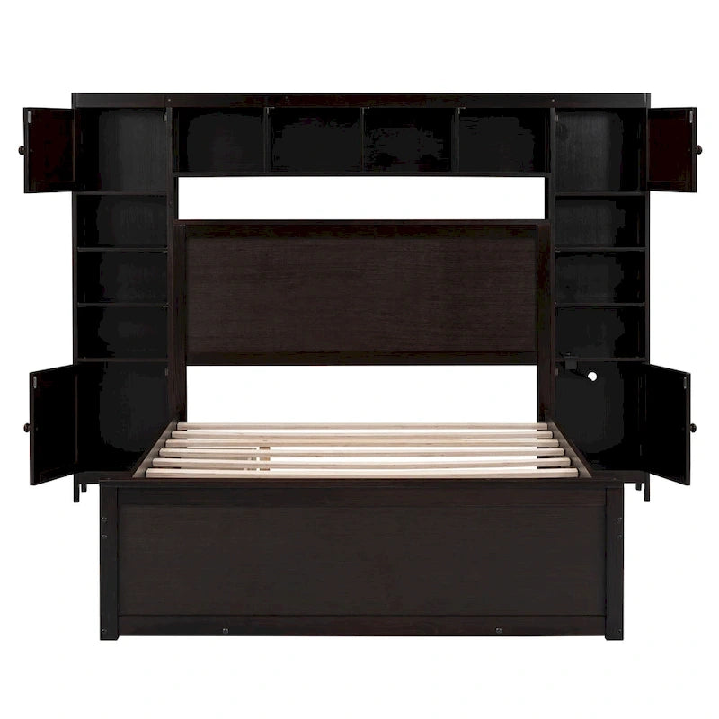 Full Size Wooden Bed With All-in-One Cabinet and Shelf, Espresso
