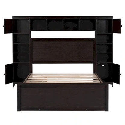 Full Size Wooden Bed With All-in-One Cabinet and Shelf, Espresso