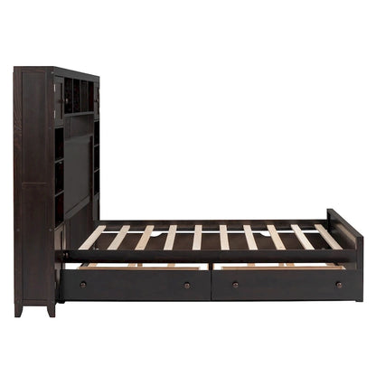 Full Size Wooden Bed With All-in-One Cabinet and Shelf, Espresso