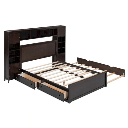 Full Size Wooden Bed With All-in-One Cabinet and Shelf, Espresso