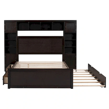 Full Size Wooden Bed With All-in-One Cabinet and Shelf, Espresso