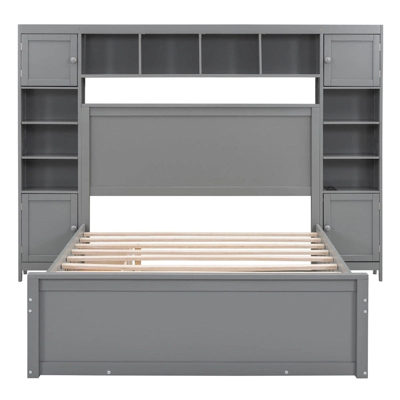 Full Size Wooden Bed With All-in-One Cabinet and Shelf, Espresso