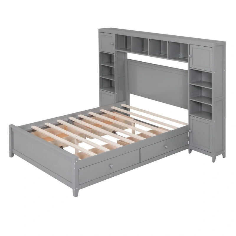 Full Size Wooden Bed With All-in-One Cabinet and Shelf, Espresso