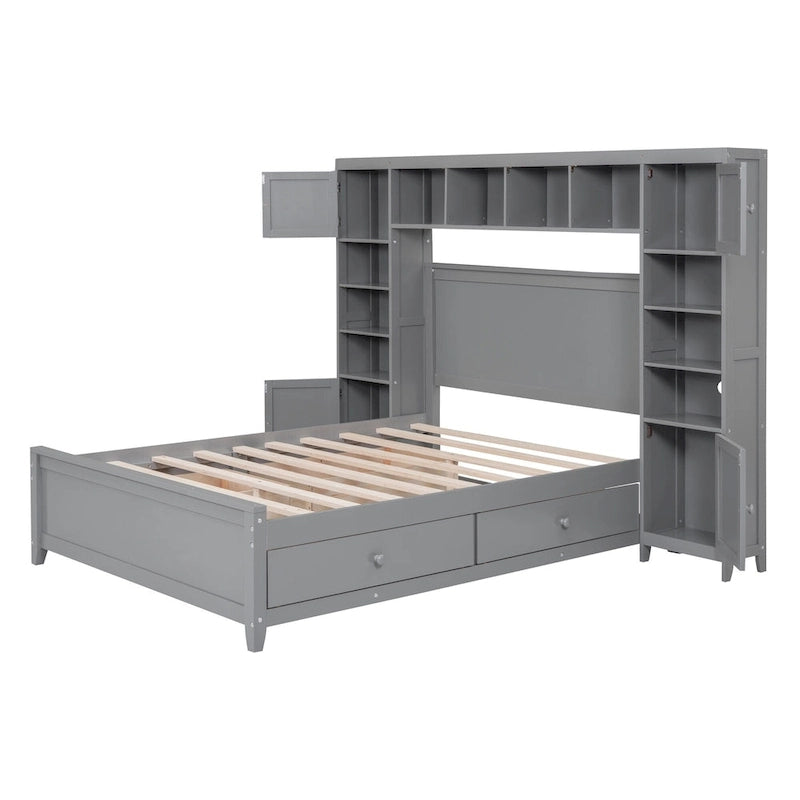 Full Size Wooden Bed With All-in-One Cabinet and Shelf, Espresso