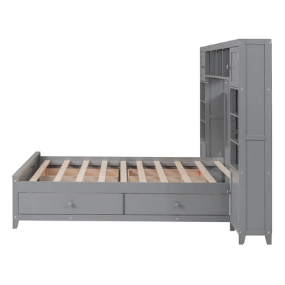 Full Size Wooden Bed With All-in-One Cabinet and Shelf, Espresso