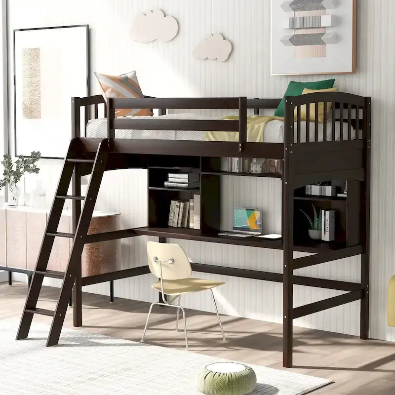 Twin size Loft Bed with Storage Shelves, Desk and Ladder