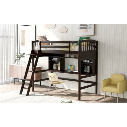 Twin size Loft Bed with Storage Shelves, Desk and Ladder