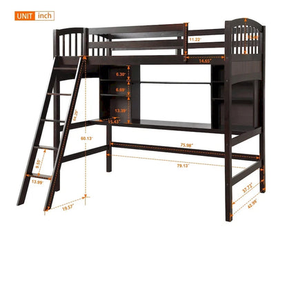 Twin size Loft Bed with Storage Shelves, Desk and Ladder
