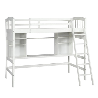 Twin size Loft Bed with Storage Shelves, Desk and Ladder