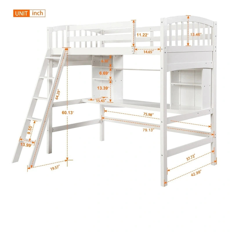 Twin size Loft Bed with Storage Shelves, Desk and Ladder