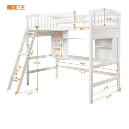 Twin size Loft Bed with Storage Shelves, Desk and Ladder