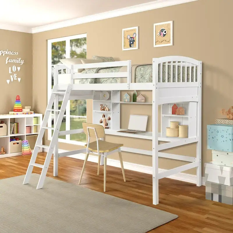 Twin size Loft Bed with Storage Shelves, Desk and Ladder