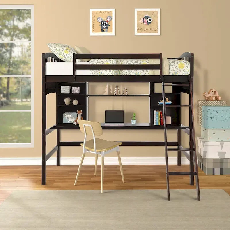 Twin size Loft Bed with Storage Shelves, Desk and Ladder