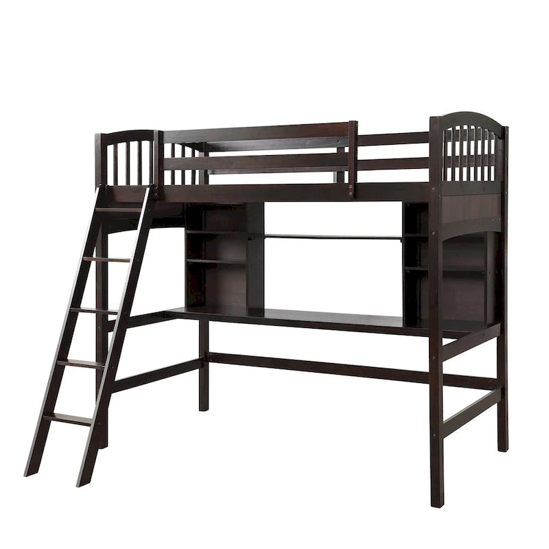 Twin size Loft Bed with Storage Shelves, Desk and Ladder