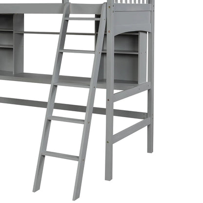 Twin size Loft Bed with Storage Shelves, Desk and Ladder