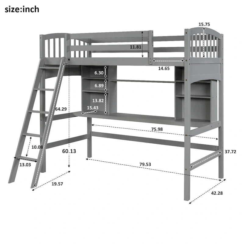 Twin size Loft Bed with Storage Shelves, Desk and Ladder