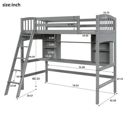 Twin size Loft Bed with Storage Shelves, Desk and Ladder