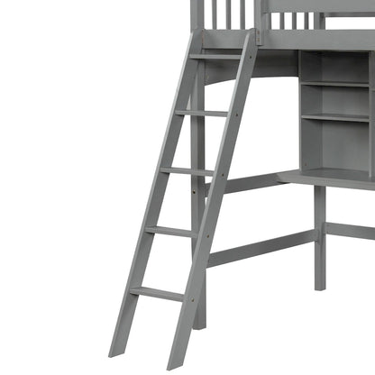 Twin size Loft Bed with Storage Shelves, Desk and Ladder
