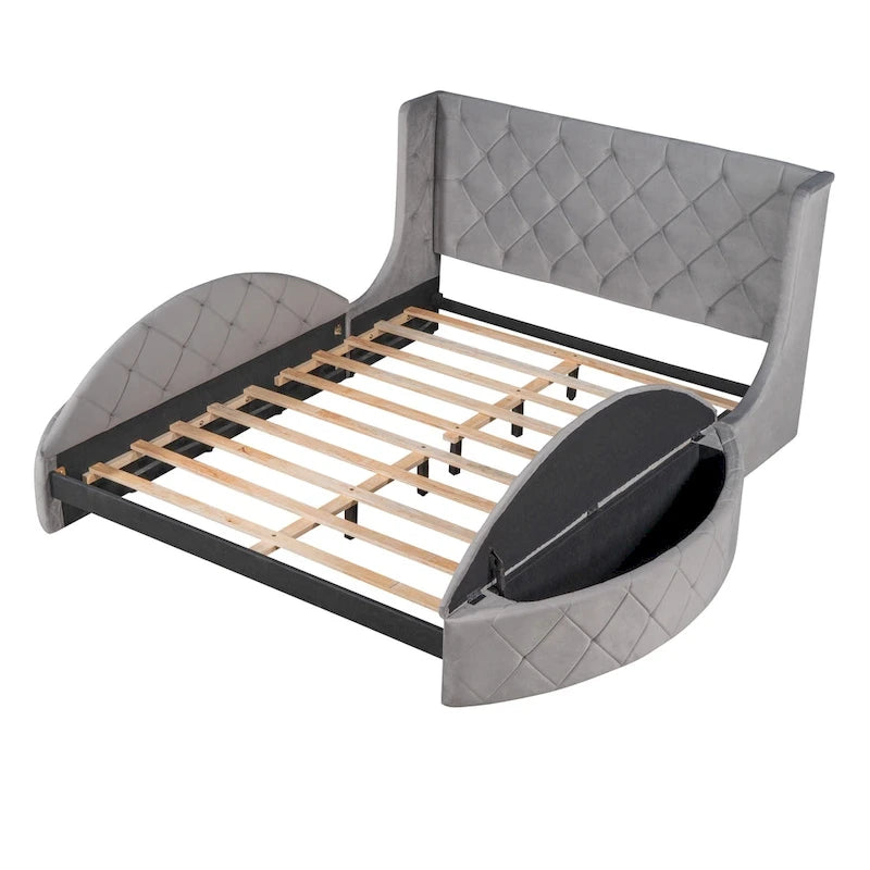 Upholstered Platform Bed Queen Size Storage Velvet Bed with Wingback Headboard and 1 Big Drawer,2 Side Storage Stool(Beige)