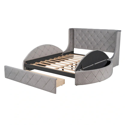 Upholstered Platform Bed Queen Size Storage Velvet Bed with Wingback Headboard and 1 Big Drawer,2 Side Storage Stool(Beige)