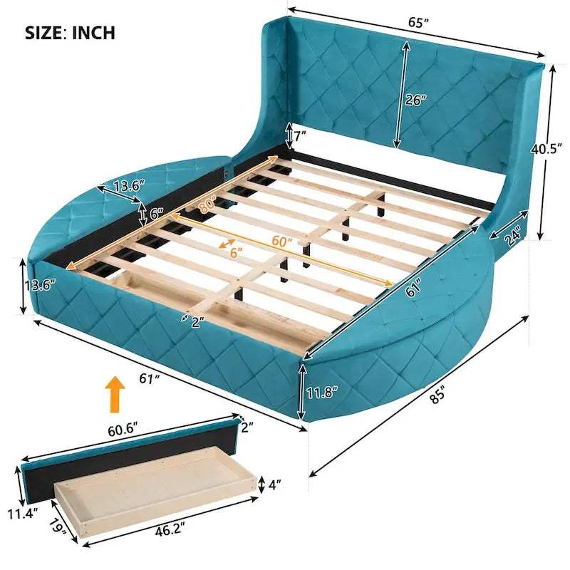 Upholstered Platform Bed Queen Size Storage Velvet Bed with Wingback Headboard and 1 Big Drawer,2 Side Storage Stool(Beige)