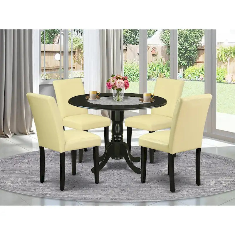 East West Furniture Dining Table Set- a Round Kitchen Table and Eggnog Faux Leather Chairs, Black (Pieces Options)