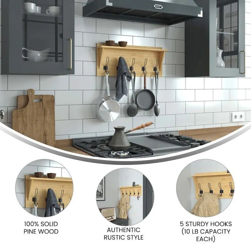 Wall Mounted Storage Rack with Upper Shelf and Storage Hooks