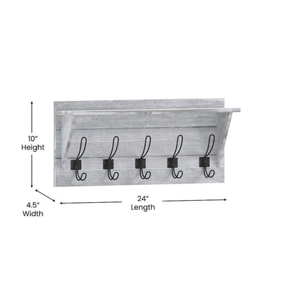 Wall Mounted Storage Rack with Upper Shelf and Storage Hooks