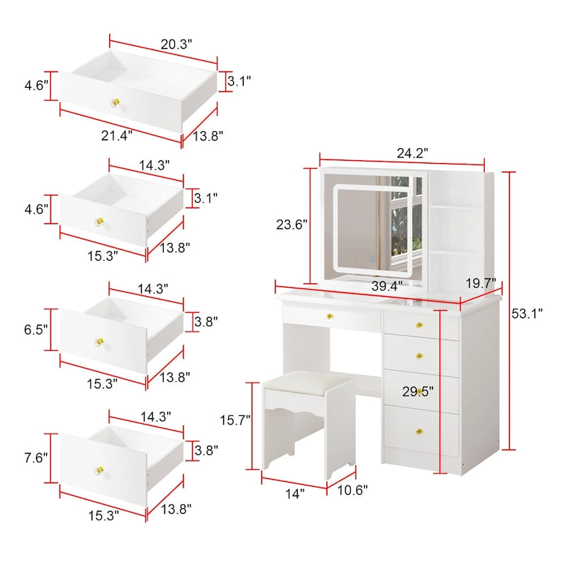 Glass Top Vanity Set with Sliding Mirror and LED Lights Dressing Table - 39.4W
