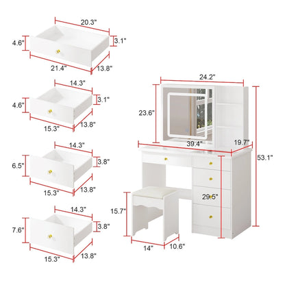 Glass Top Vanity Set with Sliding Mirror and LED Lights Dressing Table - 39.4W