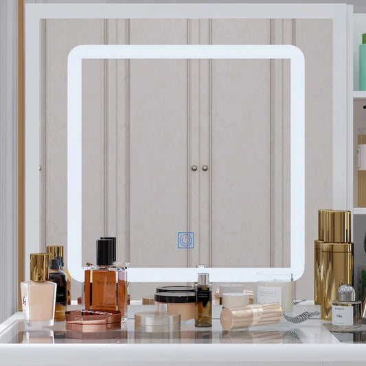 Glass Top Vanity Set with Sliding Mirror and LED Lights Dressing Table - 39.4W
