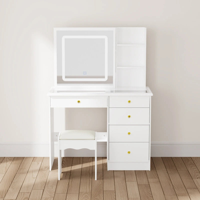 Glass Top Vanity Set with Sliding Mirror and LED Lights Dressing Table - 39.4W