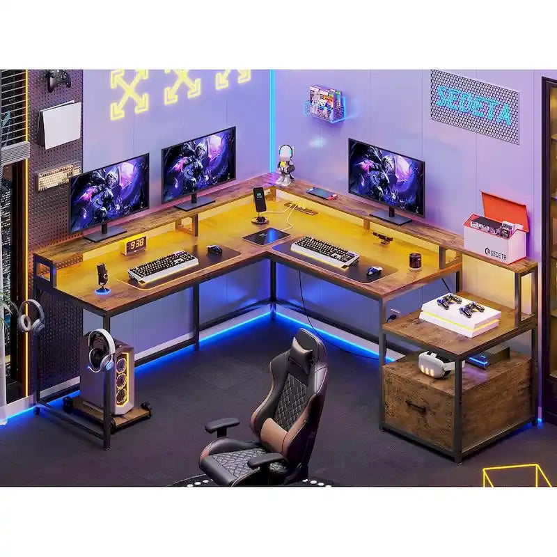 L Shape Gaming Computer Desk with File Drawer Printer Storage Shelves