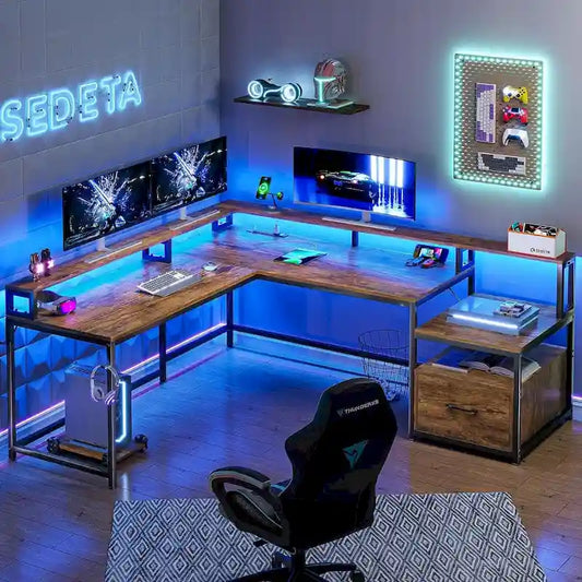 L Shape Gaming Computer Desk with File Drawer Printer Storage Shelves