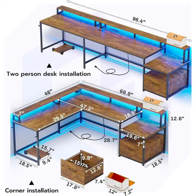 L Shape Gaming Computer Desk with File Drawer Printer Storage Shelves
