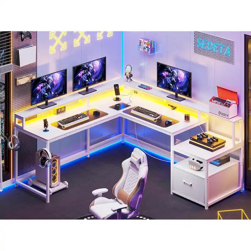L Shape Gaming Computer Desk with File Drawer Printer Storage Shelves