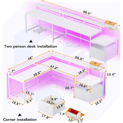 L Shape Gaming Computer Desk with File Drawer Printer Storage Shelves
