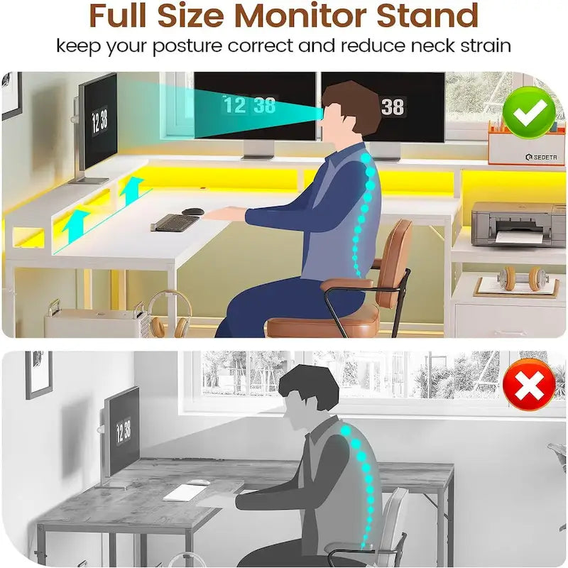 L Shape Gaming Computer Desk with File Drawer Printer Storage Shelves