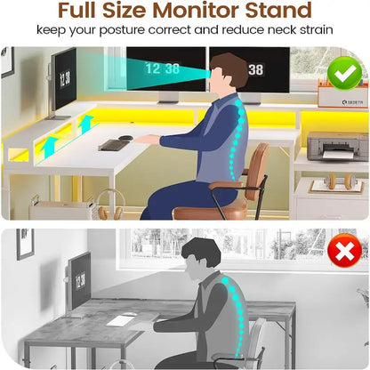 L Shape Gaming Computer Desk with File Drawer Printer Storage Shelves
