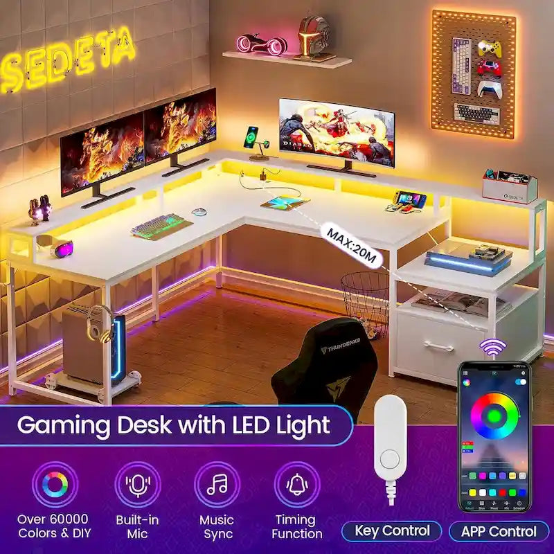 L Shape Gaming Computer Desk with File Drawer Printer Storage Shelves