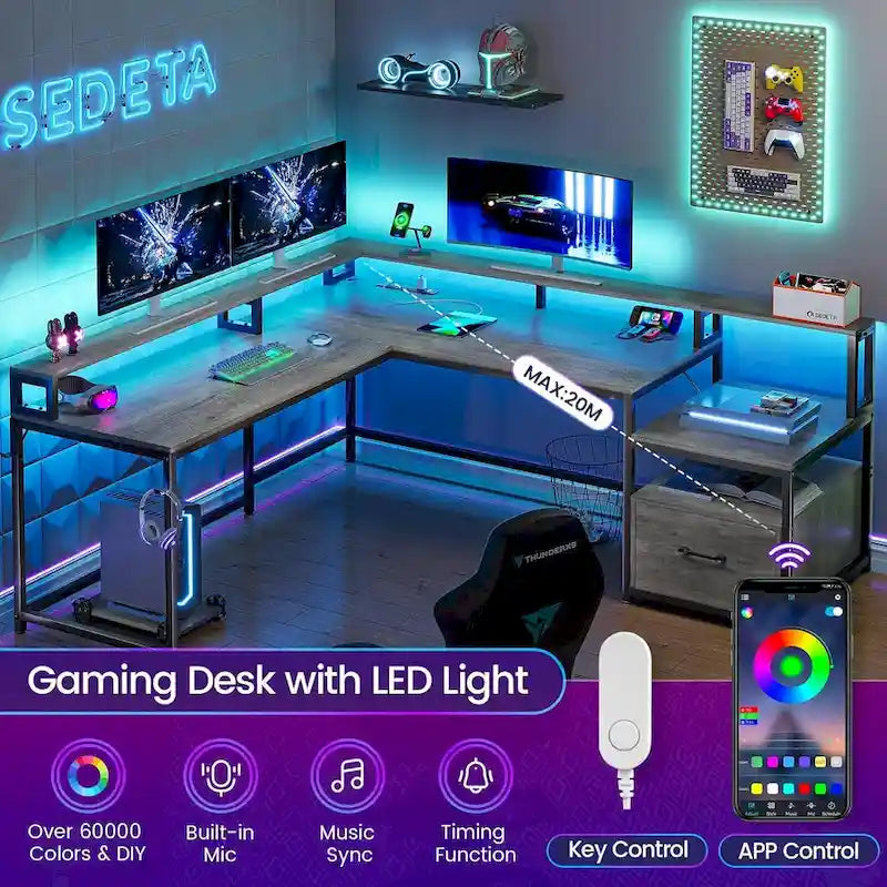 L Shape Gaming Computer Desk with File Drawer Printer Storage Shelves