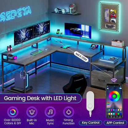 L Shape Gaming Computer Desk with File Drawer Printer Storage Shelves