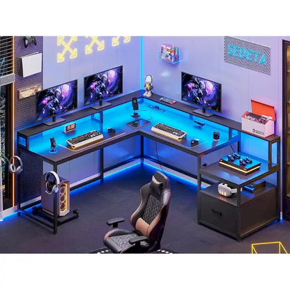 L Shape Gaming Computer Desk with File Drawer Printer Storage Shelves