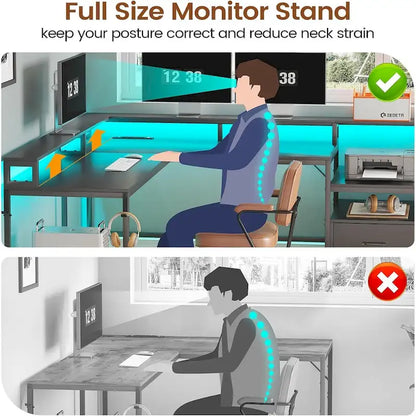 L Shape Gaming Computer Desk with File Drawer Printer Storage Shelves