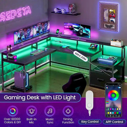 L Shape Gaming Computer Desk with File Drawer Printer Storage Shelves