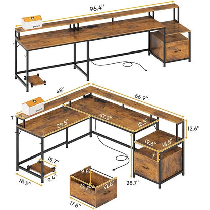 L Shape Gaming Computer Desk with File Drawer Printer Storage Shelves