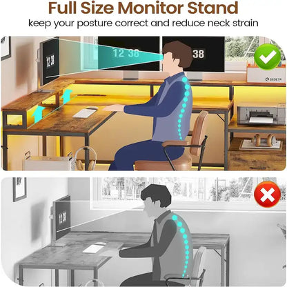 L Shape Gaming Computer Desk with File Drawer Printer Storage Shelves