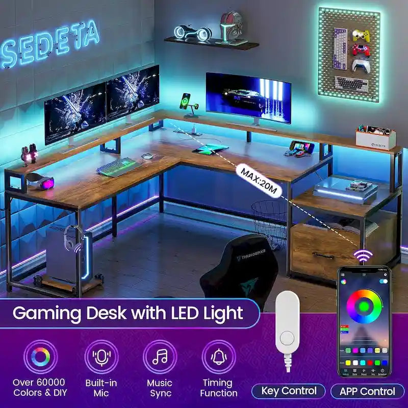 L Shape Gaming Computer Desk with File Drawer Printer Storage Shelves