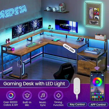 L Shape Gaming Computer Desk with File Drawer Printer Storage Shelves